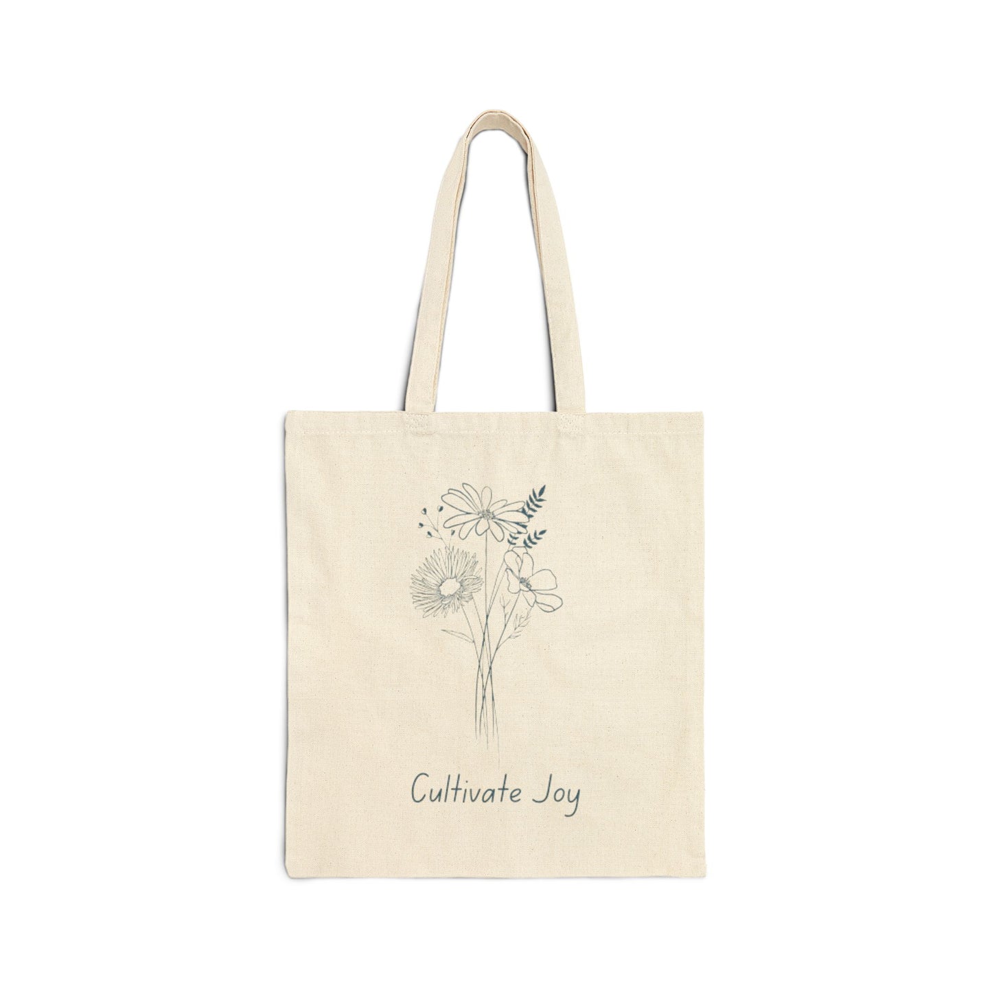 Cultivate Joy Floral Cotton Canvas Tote Bag - Steel Blue