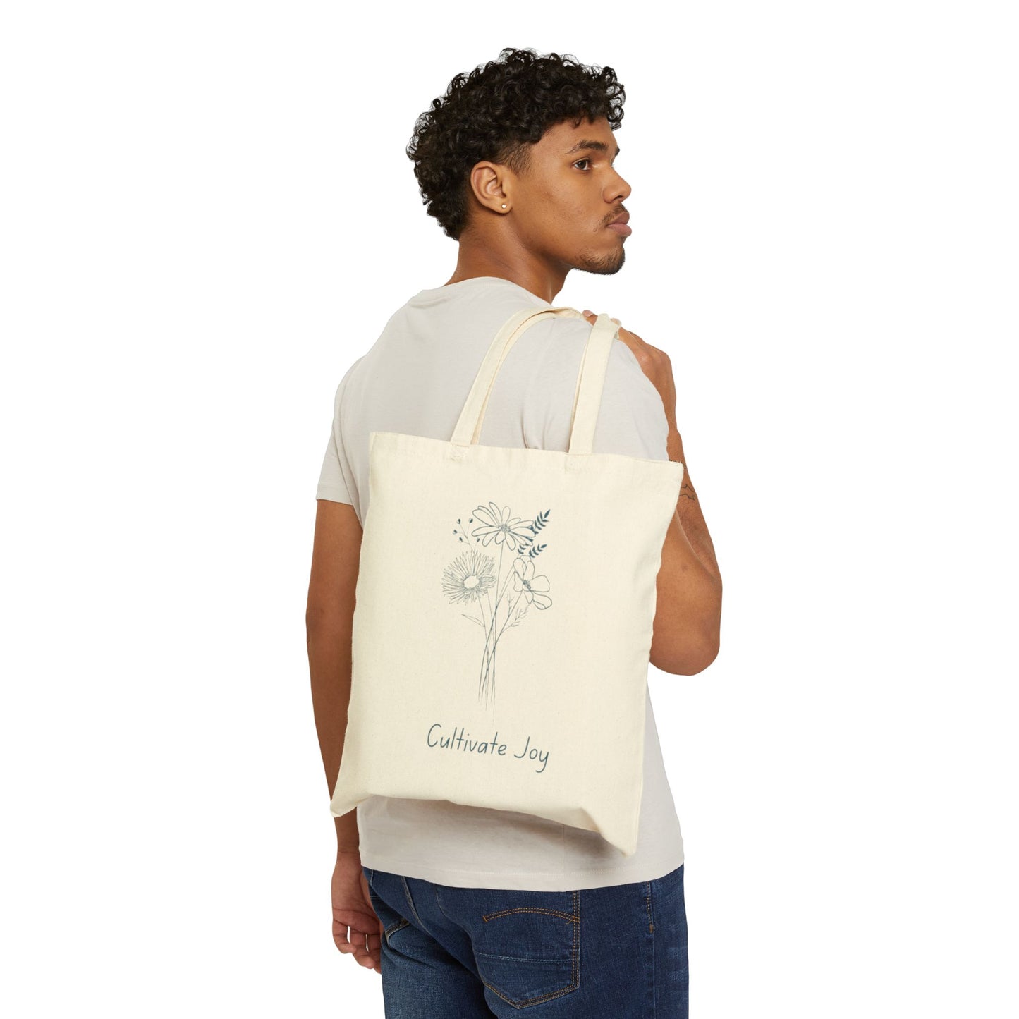 Cultivate Joy Floral Cotton Canvas Tote Bag - Steel Blue