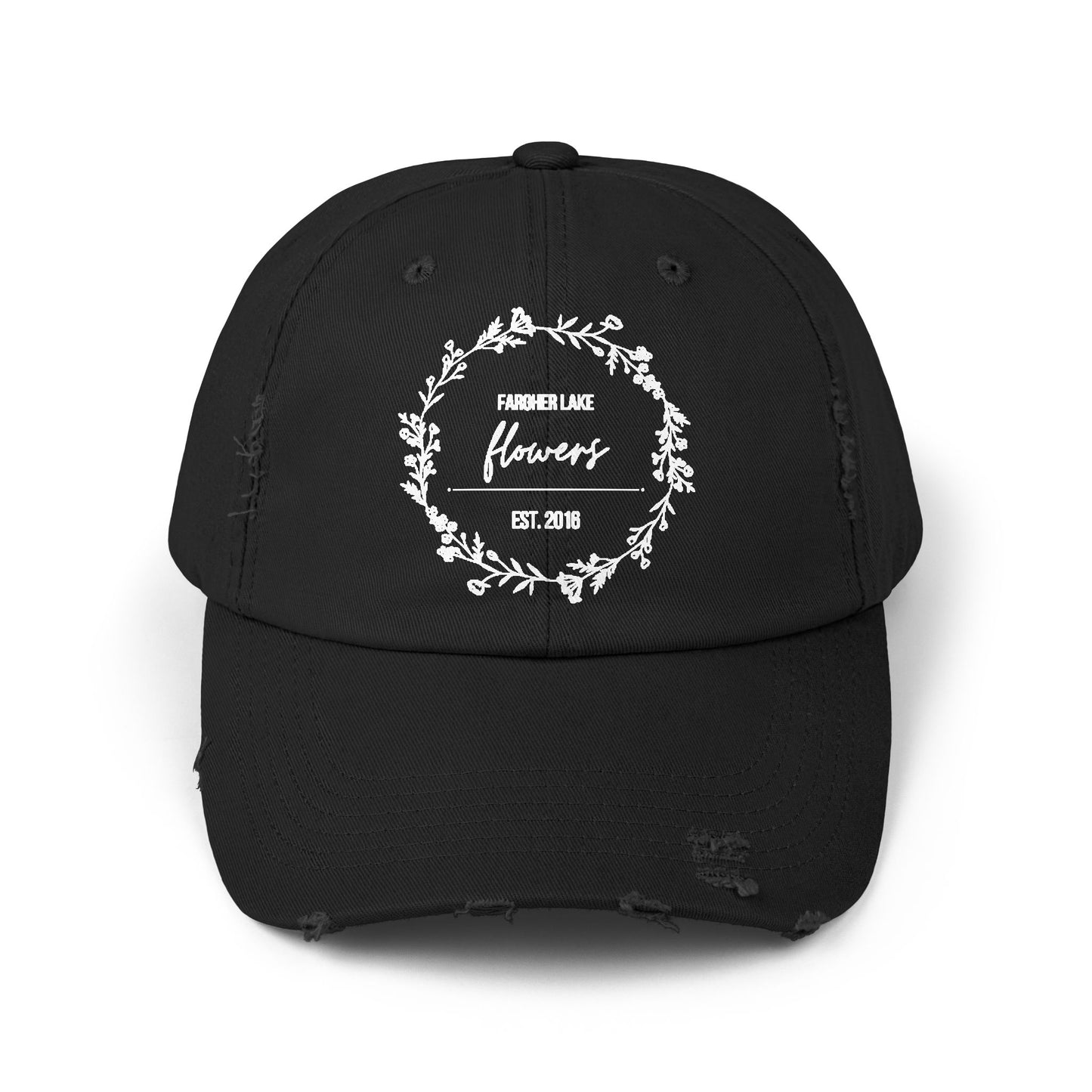 Unisex Distressed Cap with Floral Design - Fargher Lake Flowers Est. 2016