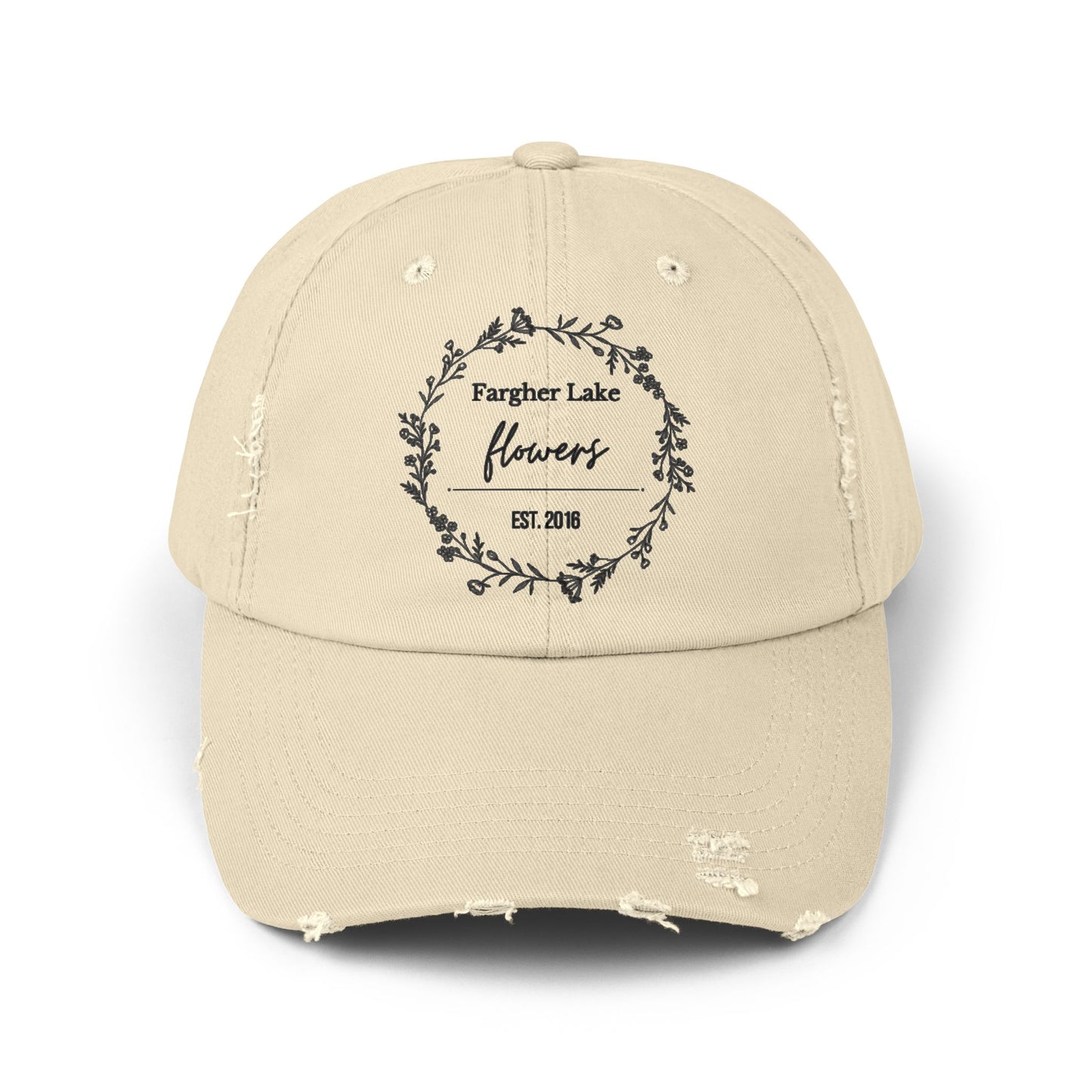 Unisex Distressed Cap with Floral Design - Fargher Lake Flowers Est. 2016