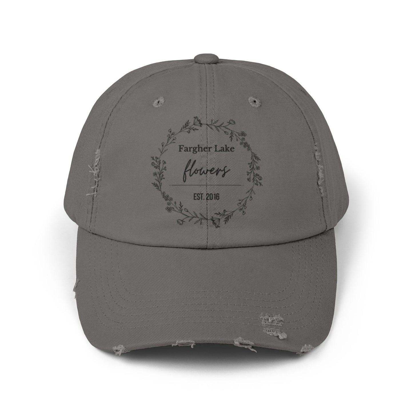 Unisex Distressed Cap with Floral Design - Fargher Lake Flowers Est. 2016