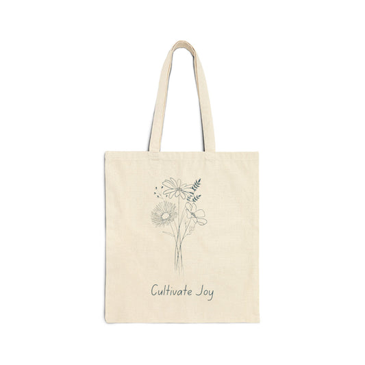 Cultivate Joy Floral Cotton Canvas Tote Bag - Steel Blue